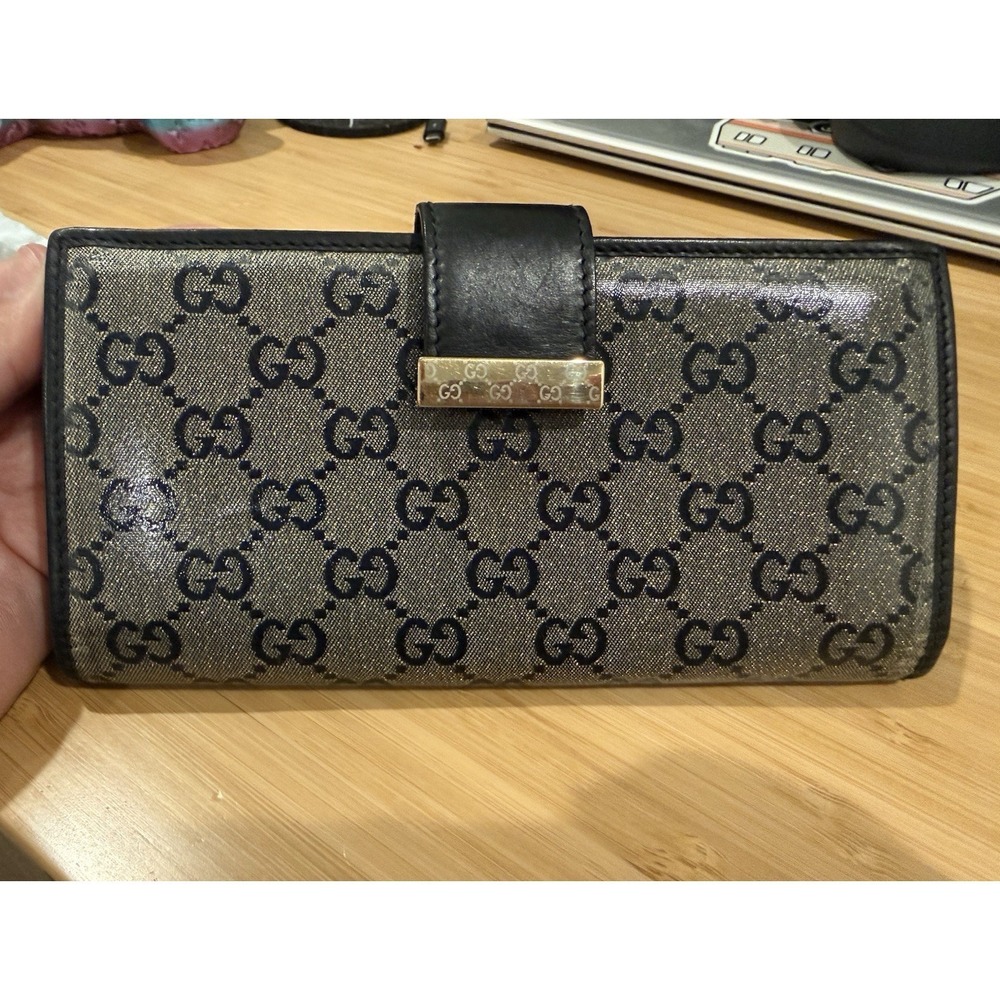 Designer Luxe Gucci 212089 GG Monogram Continental Long Wallet Black Gold
